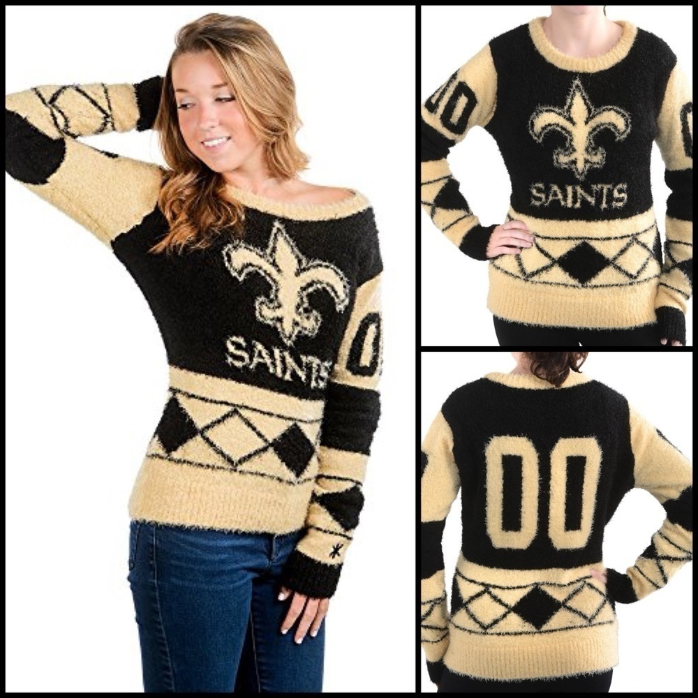 New Orleans Saints Fleur-de-lis Logo NFL Eye Lash Black and Cream Sweater Size M